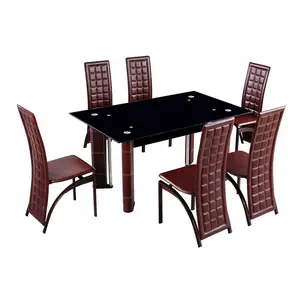Mesa de comedor con patas de cuero, juego de 6 sillas, tapa de vidrio marrón, precio al por mayor