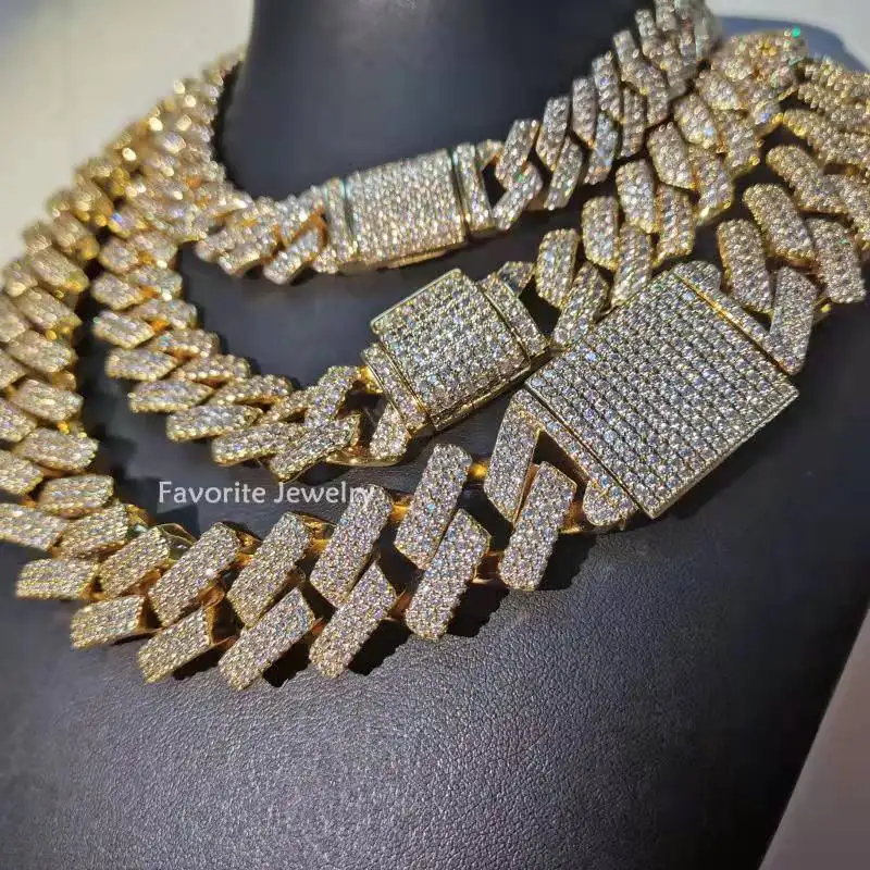 Favori takı Hip Hop gül altın gümüş kaplama 13Mm Bling Bling Cz Prong erkek küba Link zinciri kolye elmas küba zincir