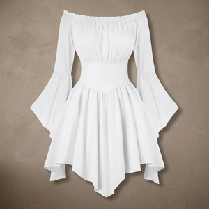 Vestido Mini con Hombros Descubiertos y Mangas Campana, Estilo Asimétrico, Cintura Elástica, Estilo Dulce, Casual de Verano, Blanco, Poliéster - Product Image 4