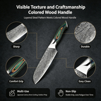 Damascus staal modern minimalistisch Santoku-mes 17,5 cm scherp vleesbijl kleurrijk houten handvat kokskeuken snijmes