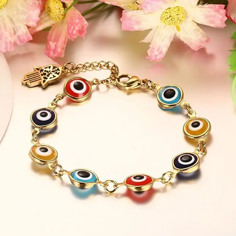 Custom evil eyes charm bracelet jewelry stainless steel hamsa hand 18k gold beads bracelets women