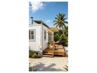 Mini-maison de luxe en conteneur maritime en acier, 1 chambre, 1 salle de bain, cabane écologique tropicale, alimentée à l'énergie solaire, étanche, stuc blanc, fenêtres bleues