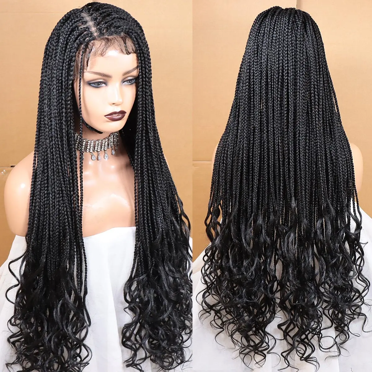 New Long Black Synthetic Hair Lace Front Braided Wigs Handmade Box Braids Crochet Hair with Curly End Braided Lace Frontal Wig