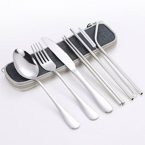 Ensemble d'ustensiles de voyage réutilisables avec logo personnalisé, fourchette, cuillère, couteau, baguettes et paille en acier inoxydable, avec pochette zippée, pour cadeaux événementiels - Product Image 5
