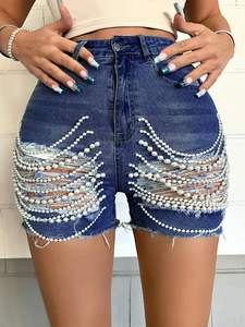 Vendita calda estiva da <span class=keywords><strong>donna</strong></span> con decorazioni di perle <span class=keywords><strong>Jeans</strong></span> <span class=keywords><strong>corti</strong></span> con fori pantaloncini a vita alta pantaloncini in Denim da <span class=keywords><strong>donna</strong></span> <span class=keywords><strong>Jeans</strong></span> pantaloni - Product Image 6