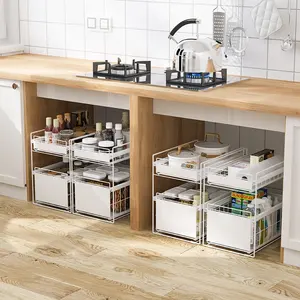 Hot Sale 2-Tier Metal Expandalble Kitchen Under Sink Cabinet Organizer with Sliding Storage Drawer
