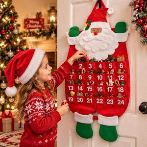 Calendrier de l'Avent de Noël Père Noël, sac suspendu en feutre à 24 poches, décoration de compte à rebours, organisateur de rangement pour cadeaux de fêtes - Product Image 2