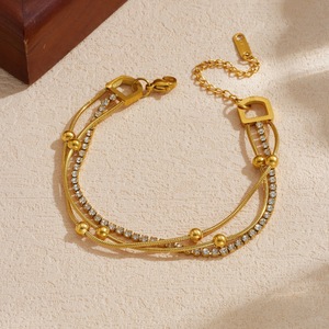 Stylish Multi Layer <b>Gold</b> Plated Snake Chain <b>Bracelet</b> With Crystal <b>Beads</b> Geometric Design Party Jewelry B2049 - Product Image 2