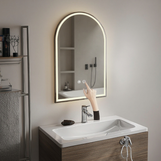 Dimmable LED Bathroom Smart Mirror Black Aluminium Framed Anti Fog Arched with Front and Backlight Lighting for Wall Use