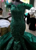 Magnifique Robe de Bal de Sirène Africaine Verte 2024, Épaule Dénudée, Grande Taille, Robe de Soirée en Dentelle Perlée avec Traîne