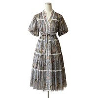 Nouvelle Arrivée Été 2026 Robe Rétro Européenne et Américaine Transfrontalière Noire Imprimée à Lacets, Patchwork, Cintrée à la Taille et à Volants