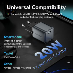 Cargador Vention GaN de 20W, adaptador de carga rápida PD tipo C, cargador con enchufe <span class=keywords><strong>USB</strong></span> C para teléfono móvil y tableta - Product Image 4