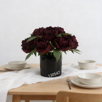 Buket Bunga Peony Merah Buatan dengan Vas Keramik, Rangkaian Bunga Peony Gelap Palsu, Dekorasi Meja Kopi, Dekorasi Rumah & Pernikahan