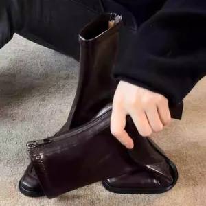 Botas de tacón alto de cuero genuino con tacón de bloque, punta cuadrada, estilo retro, elásticas y ajustadas para mujer, con cremallera trasera. - Product Image 2