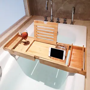 JINNS bamboo wood diy expandable bathtub caddy bridge bath tray rack with extending sides