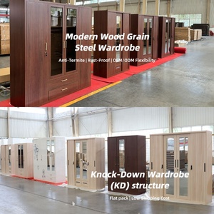 Armoire métallique à grain de bois avec 3 portes coulissantes, penderie en acier avec miroir et tiroir inférieur, rangement imprimé anti-termites - Product Image 4