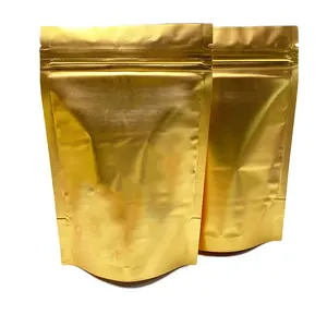 Toptan biyobozunur fermuarlı çanta mat/parlak saf altın Mylar plastik gıda ambalaj için dik durabilen poşet koku geçirmez
