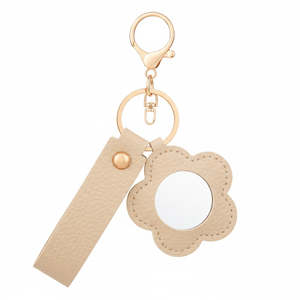 Litchi Grain PU Leather Flower Compact <b>Mirror</b> Keychain Small Portable Travel Makeup <b>Mirror</b> With Swivel <b>Clip</b> Beige - Product Image 1