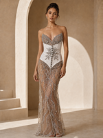 Robe de soirée sirène blanche sans bretelles, sans manches, ornée de strass, dos nu, fente haute, luxueuse, pour anniversaire, gala, bal de promo