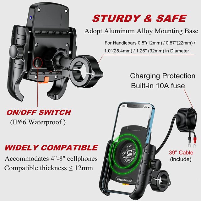 Motorcycle Mobile Phone Holder PD Wireless Charging Navigation Stand 2-in-1