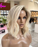 Perruque Bob Blond Platine Cheveux Humains, Perruque Courte Ondulée Sans Colle avec Dentelle HD pour Femmes