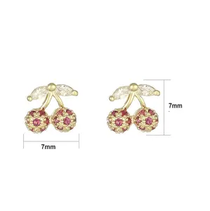 14K Real Gold Mini Cherry Oorbellen Aretes Diamant Zirkoon Oorbellen Dainty Voedsel Oorbellen