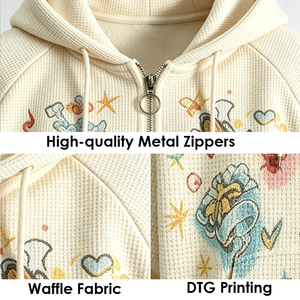 Sudadera con capucha y cremallera de punto gofrado personalizada para hombre |   Chaqueta con Capucha y Cierre Completo, Estilo Vintage, Corte Cuadrado, con Estampado Gráfico |   Ropa Urbana de Marca Privada con Bordado - Product Image 2