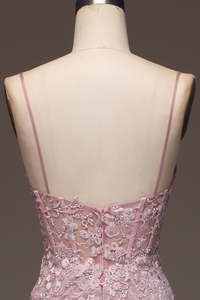 Abito da ballo lungo con <span class=keywords><strong>spalline</strong></span> sottili, glitter, colore rosa cipria, stile sirena, con perline. - Product Image 6