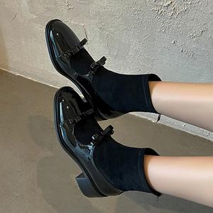 Luxurious Genuine Leather Double Bow Thick square Heel Elastic Slim Ankle <b>Boots</b> Retro Casual Stylish Versatile Short Women - Product Image 4