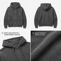 Sweat à capuche zippé pour homme, de luxe, vintage, streetwear, coupe ample, gris anthracite délavé, en coton épais tricoté gaufré