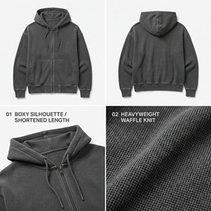 เสื้อฮู้ดดี้ผู้ชายสไตล์วินเทจสุดหรูทรงบ็อกซี่ <span class=keywords><strong>สี</strong></span><span class=keywords><strong>เทา</strong></span>ชาร์โคล ผ้าคอตตอนเนื้อหนัก ทอลายวาฟเฟิล ซิปยาวเต็มตัว - Product Image 3