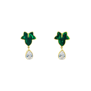 Fashion Drop <b>Earrings</b> Green Enamel Gold Plated <b>Crystal</b> Teardrop <b>Studs</b> Sustainable 316L Stainless Steel Resistant - Product Image 2
