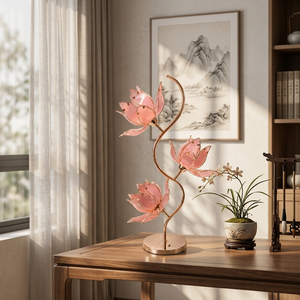 Lámpara de Mesa Estilo Chino con Flor de Loto Rosa, Base Metálica Dorada con Pétalos de Vidrio, Lámpara de Noche E26 para Decoración de Dormitorio - Product Image 3