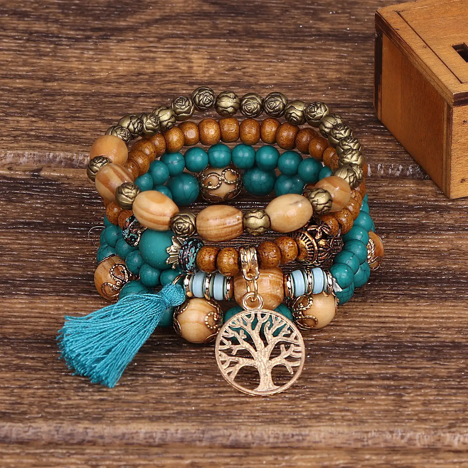 Pulseira de joias turquesa versátil feita à mão com borla e pingente de várias camadas aceita personalização da moda feminina
