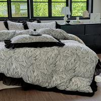 Parure de lit en double gaze 100 % coton 40S, certifiée Oeko-Tex, motif floral vintage français, avec housse de couette et garniture en dentelle noire à volants
