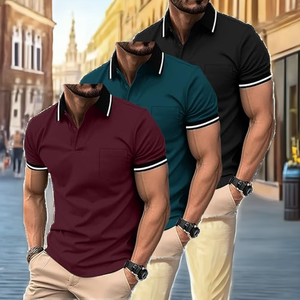 Paquete de 3 Camisetas de Punto de Color Sólido para Hombre, Manga Corta con Bolsillo en el Pecho, Transpirables, Deportivas, Casuales, con Cuello - Product Image 2