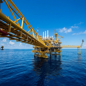 Plateforme de production pétrolière offshore, structure en acier jaune, installation énergétique en haute mer - Product Image 1