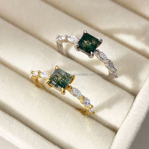 Custom Classic Gemstone <b>Stack</b> <b>Ring</b> 18K Gold Plated Princess Cut Moss Agate <b>Rings</b> for Women - Product Image 1