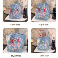 Tas Rajut Fashion dengan Penutup Logam, Tas Tangan Wanita Berbentuk Hati, Motif Hewan, Bunga, dan Geometris, Tas Tote Rajut