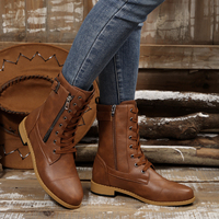 Bottes de combat mi-mollet à lacets pour femmes, avec fermeture éclair latérale et boucle décorative, bottes plates de moto, chaussures quotidiennes vintage pour femmes automne-hiver