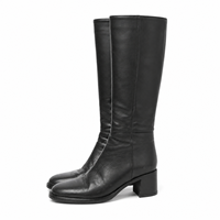 Bottes en cuir noir sur mesure pour femmes, hauteur genou, bout carré, talon bloc, style équestre, petite quantité minimale de commande, vente en gros, usine de chaussures OEM