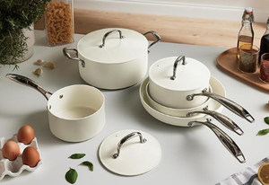 Ensemble de casseroles antiadhésives de luxe 8 pièces, compatible <span class=keywords><strong>lave</strong></span>-<span class=keywords><strong>vaisselle</strong></span>, compatible avec toutes les plaques de cuisson, design classique, gris lin - Product Image 3