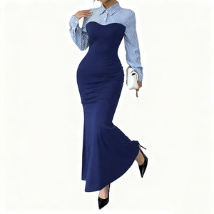 Nouvelle robe maxi tendance pour femmes, style sirène, robe de bureau pour femmes, col chemise rayé, manches longues, robe pour le travail - Product Image 2