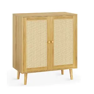 Solid Wood Storage Cabinet with PE Rattan Decor Doors, Accent Chest Cabinets Organizers with Feet Floor Cabinets for Living Room