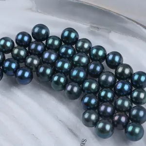 Wholesale 9-10mm black color pearl freshwater round loose pearls for jewelry making