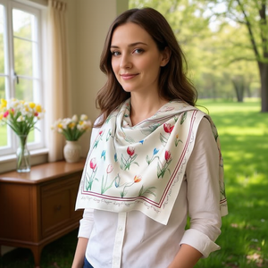 Pañuelo Cuadrado de Seda con Estampado de Tulipanes 70x70 cm, Ligero, Accesorio de Moda para Mujer - Product Image 2