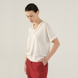 Nouveau <span class=keywords><strong>pull</strong></span> en maille pour femme, printemps 2026, à manches courtes, col en V, couleur contrastée, ample - Product Image 2