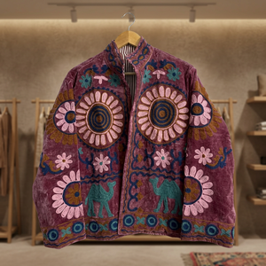 Chaqueta de Terciopelo Bordada a Mano con Diseños Florales y de Animales, Estilo Retro, Cuello Alto, Cierre Abierto, Estilo Boho para Mujer - Product Image 1