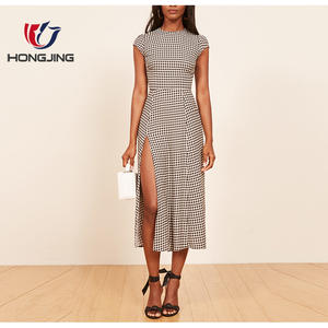 Donne Midi Lunghezza di Alta Crew Neckskirt Fessura Del Lato Corpetto Vestibilità Slim Auto Coperti Bottoni Sul Retro Del Collo Senza Fodera Relaxed Fit <span class=keywords><strong>vestito</strong></span> - Product Image 2