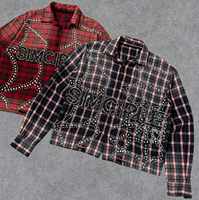 Chemise en flanelle à carreaux décontractée pour homme, style hip-hop, boutonnée, avec clous en strass, manches longues, col rabattu, 100% coton tricoté